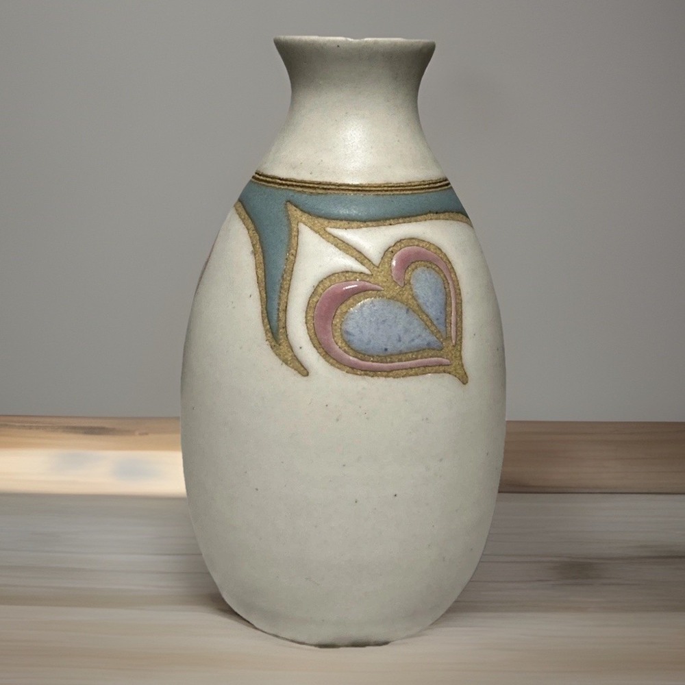 Hand Crafted Ceramic Vase Blue Pink Heart Design Matte Glaze Unique Art Pottery - Picture 2 of 8
